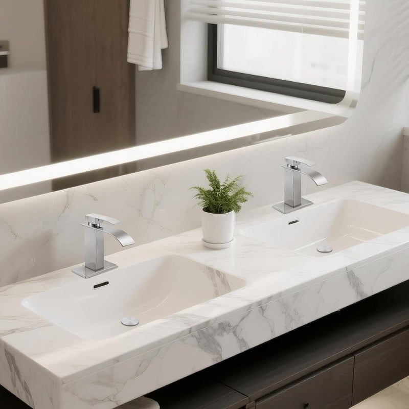 LUFG Bathroom Faucets Brushed Nickel Waterfall Bathroom Sink Faucet Modern Single Handle Bathroom Faucet for 1 or 3 Hole Mxier Tap Washbasin Faucet with Deck, Pop-up Drain and Supply Hoses 2 Pack - Image 3
